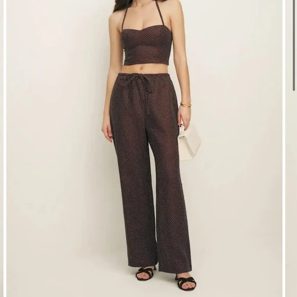 Reformation Chocolate and White Polka Dot Two-Piece Linen Set - Picture 2 of 3